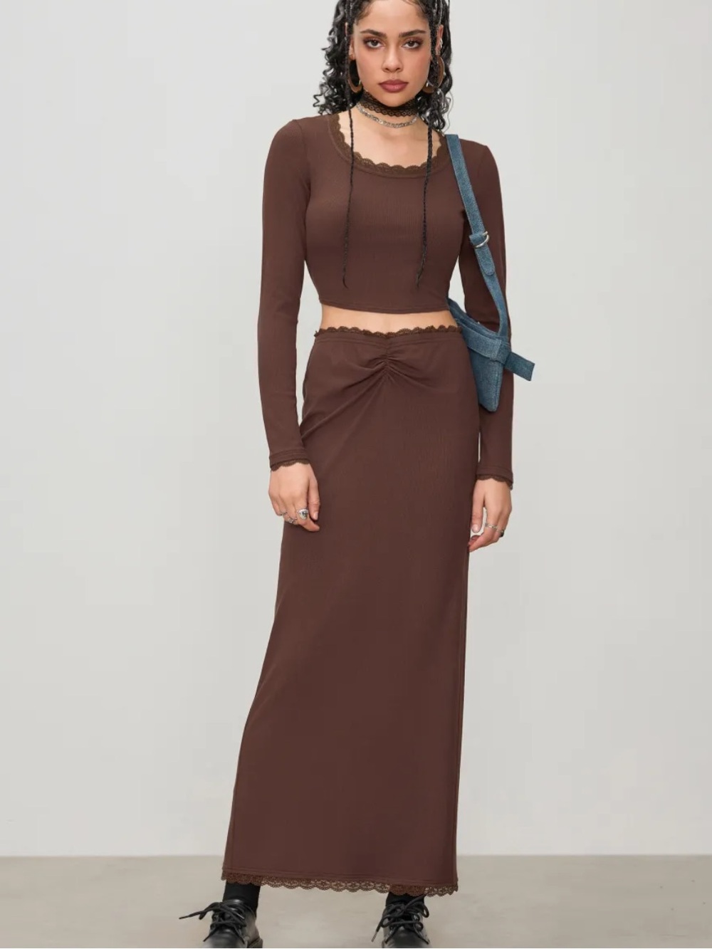 Cider Brown Ribbed Maxi Skirt with Ruched Waist and tops set